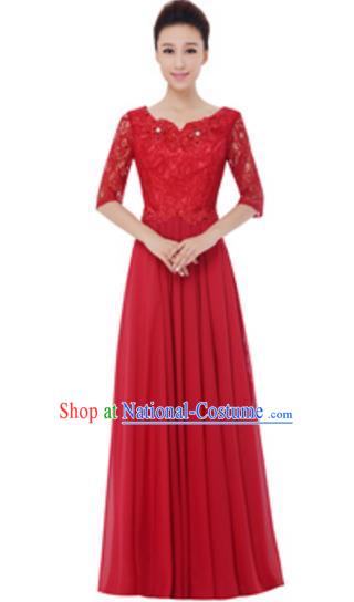 Top Grade Chorus Singing Group Red Lace Full Dress, Compere Modern Dance Costume for Women