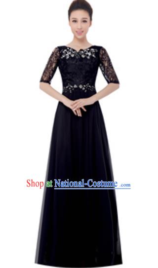 Top Grade Chorus Singing Group Black Lace Full Dress, Compere Modern Dance Costume for Women