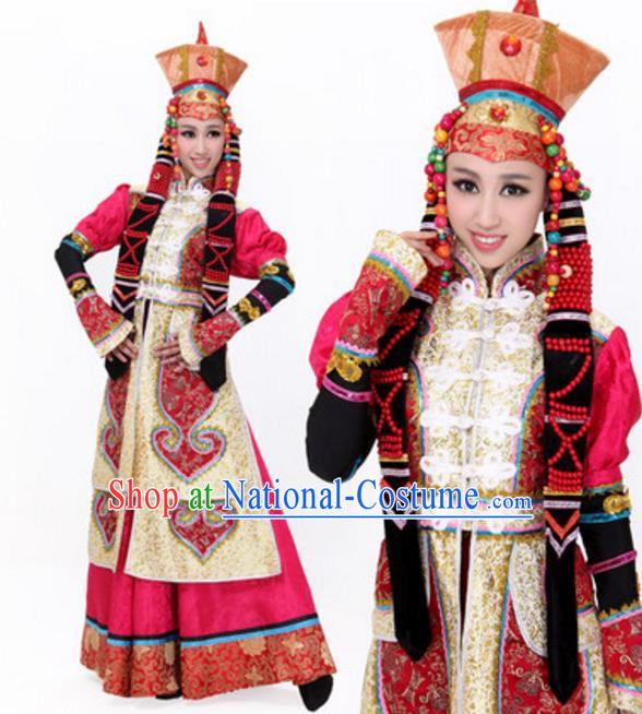 Traditional Chinese Mongol Ethnic Princess Wedding Dress, Mongolian Minority Folk Dance Costume and Headwear for Women