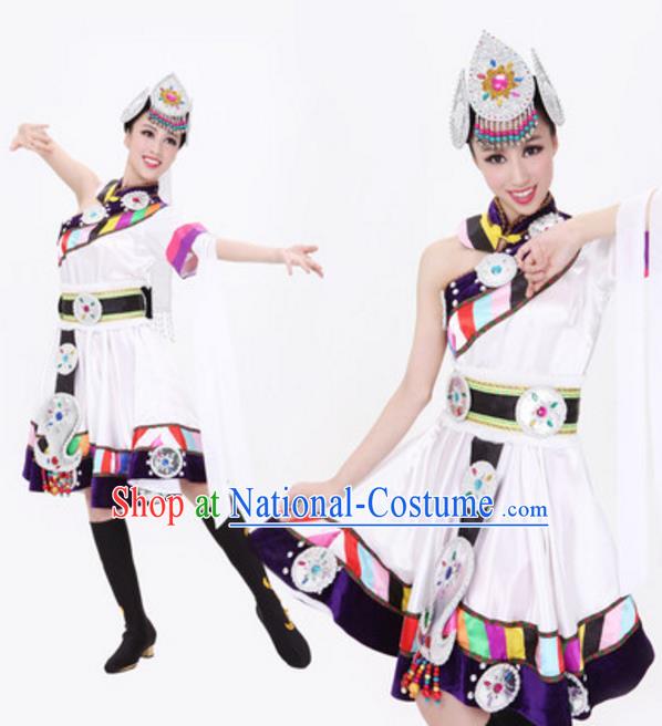 Traditional Chinese Zang Nationality White Dress, Tibetan Minority Folk Dance Ethnic Costume and Headwear for Women