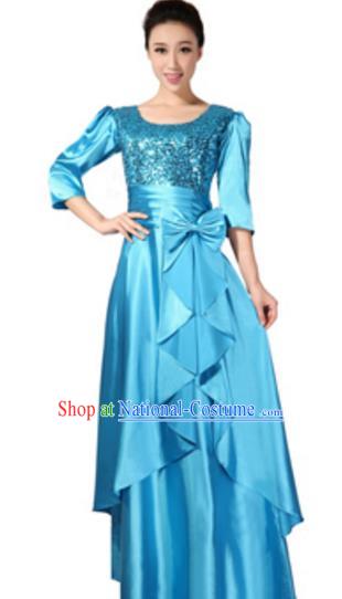 Top Grade Chorus Singing Group Blue Sequins Full Dress, Compere Classical Dance Costume for Women