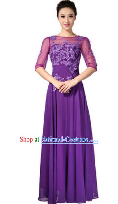 Top Grade Chorus Singing Group Embroidered Lace Full Dress, Compere Classical Dance Purple Costume for Women