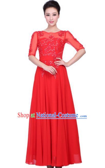 Top Grade Chorus Singing Group Embroidered Lace Full Dress, Compere Classical Dance Red Costume for Women