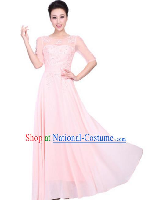 Top Grade Chorus Singing Group Embroidered Lace Full Dress, Compere Classical Dance Pink Costume for Women