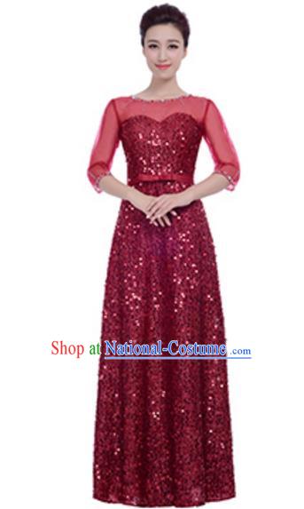 Top Grade Chorus Group Choir Wine Red Sequins Full Dress, Compere Stage Performance Modern Dance Costume for Women