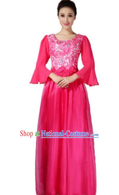 Top Grade Chorus Group Choir Mandarin Sleeve Rosy Full Dress, Compere Stage Performance Modern Dance Costume for Women