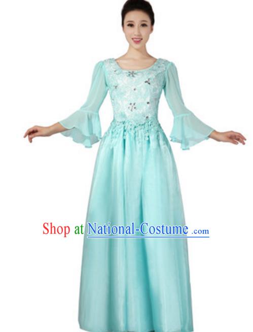 Top Grade Chorus Group Choir Mandarin Sleeve Blue Full Dress, Compere Stage Performance Modern Dance Costume for Women