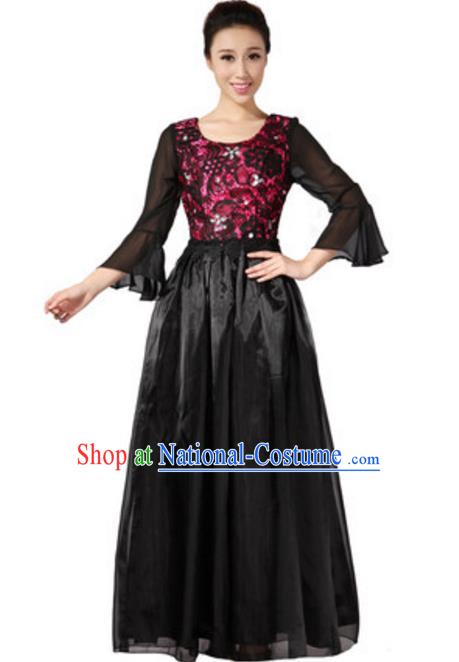 Top Grade Chorus Group Choir Mandarin Sleeve Black Full Dress, Compere Stage Performance Modern Dance Costume for Women