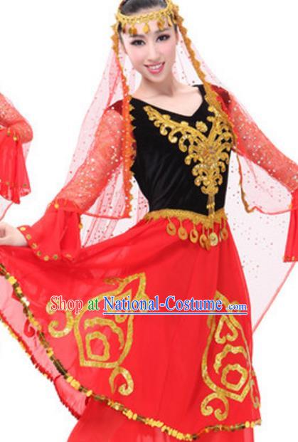 Traditional Chinese Uigurian Ethnic Dance Dress, China Uyghur Minority Folk Dance Costume and Headwear for Women