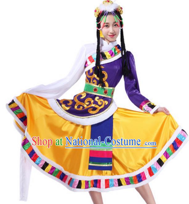 Traditional Chinese Zang Ethnic Clothing, China Tibetan Minority Folk Dance Costume and Headwear for Women