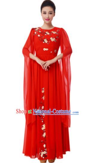 Top Grade Chorus Group Choir Embroidered Red Full Dress, Compere Stage Performance Modern Dance Costume for Women