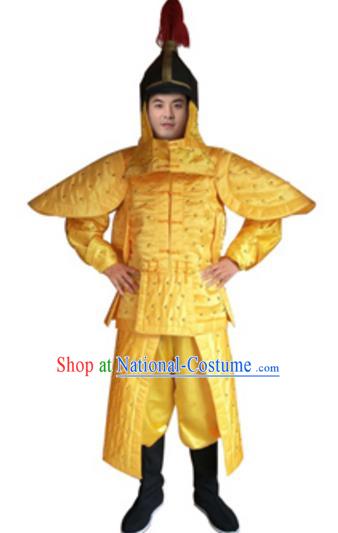 Traditional Chinese Ancient Manchu General Yellow Costume Qing Dynasty Warriors Historical Body Armor and Helmet Complete Set