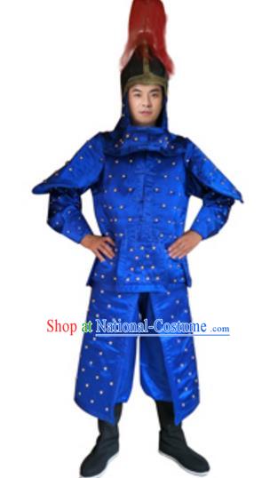 Traditional Chinese Ancient Manchu General Blue Costume Qing Dynasty Warriors Historical Body Armor and Helmet Complete Set