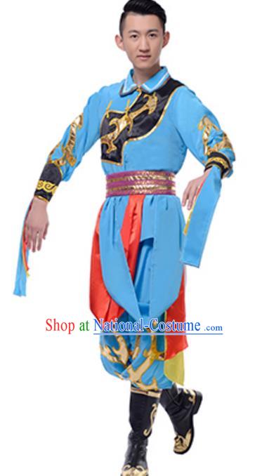 Traditional Chinese Mongolian Nationality Ethnic Clothing, China Mongols Minority Folk Dance Blue Costume for Men