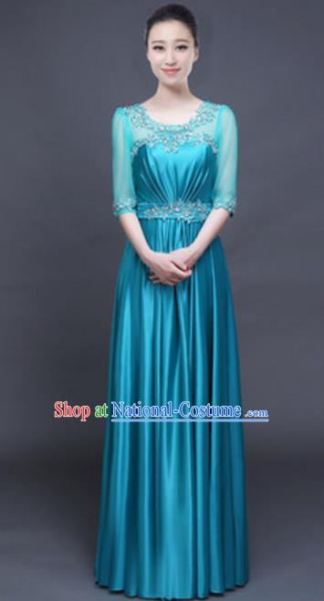 Top Grade Chorus Group Blue Full Dress, Compere Stage Performance Classical Dance Choir Costume for Women