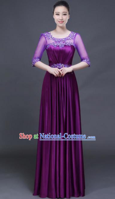 Top Grade Chorus Group Purple Full Dress, Compere Stage Performance Classical Dance Choir Costume for Women