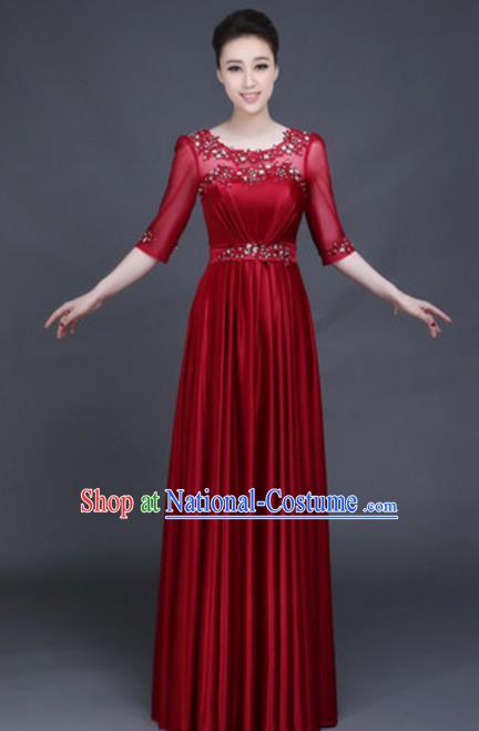 Top Grade Chorus Group Wine Red Full Dress, Compere Stage Performance Classical Dance Choir Costume for Women