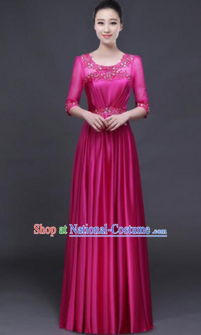 Top Grade Chorus Group Rosy Full Dress, Compere Stage Performance Classical Dance Choir Costume for Women