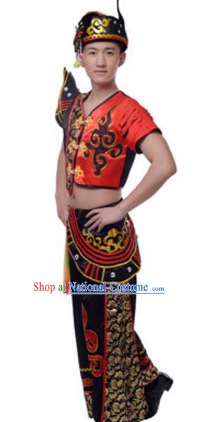 Traditional Chinese Yi Nationality Ethnic Clothing, China Yi Minority Folk Dance Costume and Hat for Men