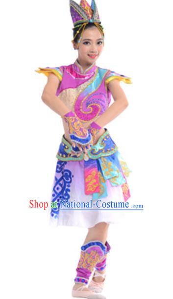 Traditional Chinese Mongols Nationality Costume, Chinese Mongolian Ethnic Dance Purple Clothing for Women