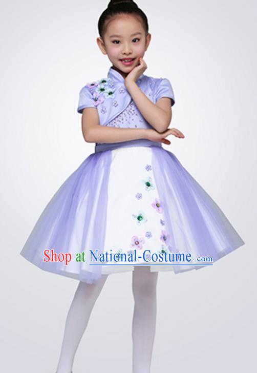 Top Grade Children Classical Dance Purple Chorus Dress, Compere Stage Performance Choir Costume for Kids