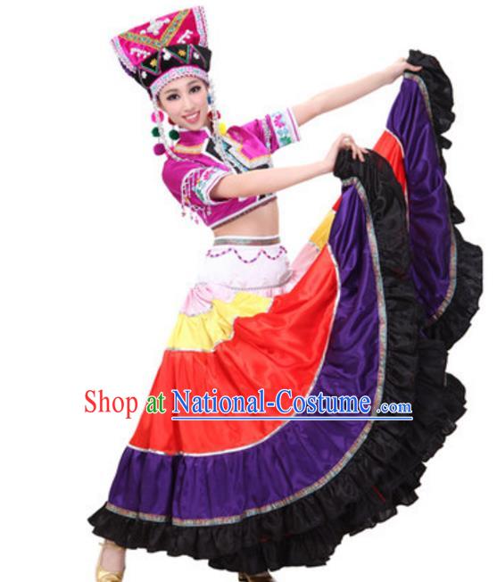 Traditional Chinese Yi Nationality Dance Dress, China Yi Minority Folk Dance Ethnic Costume and Hat for Women