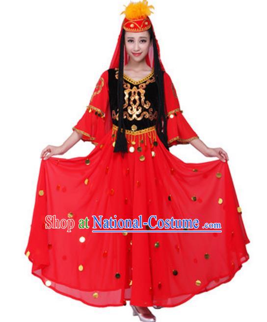 Traditional Chinese Uyghur Nationality Dance Red Dress, China Uigurian Minority Folk Dance Ethnic Costume and Hat for Women