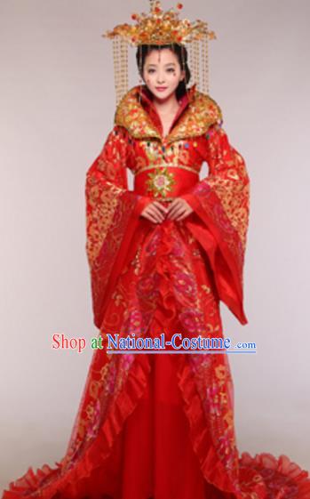 Traditional Chinese Ancient Queen Red Costume Tang Dynasty Empress Historical Clothing and Headpiece Complete Set