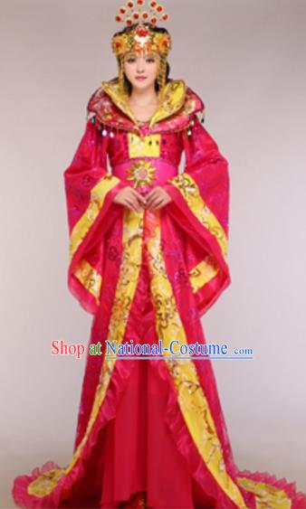 Traditional Chinese Ancient Queen Rosy Costume Tang Dynasty Empress Historical Clothing and Headpiece Complete Set