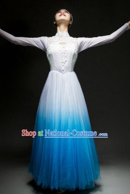 Top Grade Chorus Group Choir Blue Full Dress, Compere Stage Performance Classical Dance Costume for Women