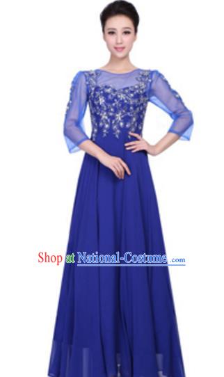 Top Grade Chinese Chorus Group Big Swing Blue Dress, Compere Stage Performance Choir Costume for Women