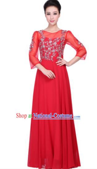 Top Grade Chinese Chorus Group Big Swing Red Dress, Compere Stage Performance Choir Costume for Women