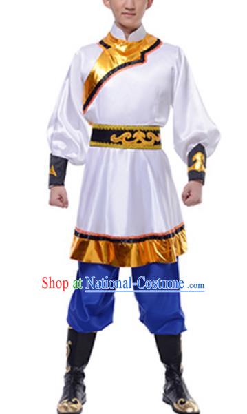 Traditional Chinese Mongols Nationality White Clothing, China Mongolian Minority Dance Ethnic Costume for Men