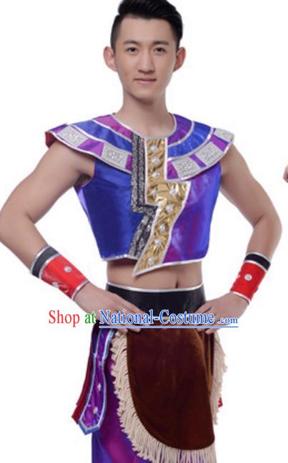 Traditional Chinese Dai Nationality Costume, Chinese Dai Ethnic Dance Purple Clothing for Men