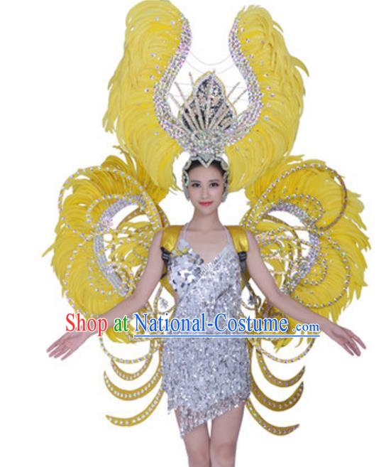 Top Grade Modern Dance Props Stage Show Brazil Parade Giant Yellow Feather Wings and Headpiece for Women