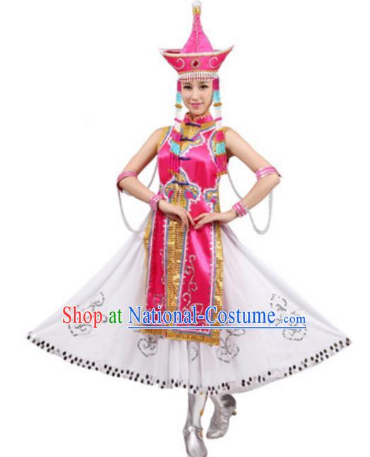 Traditional Chinese Mongolian Nationality Costume, Chinese Mongols Princess Ethnic Dance Pink Dress Clothing and Hat for Women