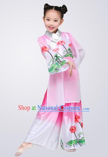 Top Grade Children Classical Dance Lotus Dance Pink Clothing, Chinese Stage Performance Folk Dance Costume for Kids