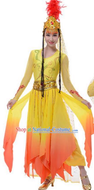 Traditional Chinese Uyghur Nationality Yellow Dress, China Uigurian Ethnic Dance Costume and Hat for Women