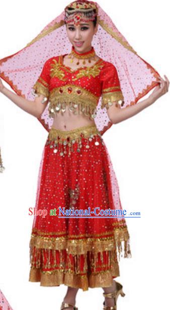 Traditional Chinese Uigurian Nationality Red Dress, China Uyghur Ethnic Dance Costume and Headwear for Women