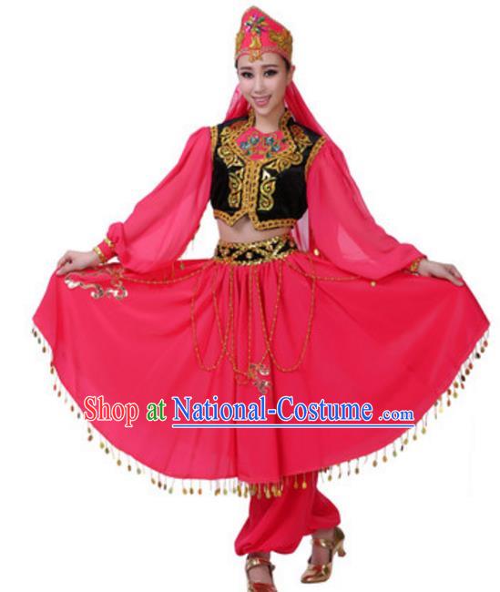 Traditional Chinese Uigurian Nationality Rosy Dress, China Uyghur Ethnic Dance Costume and Headwear for Women