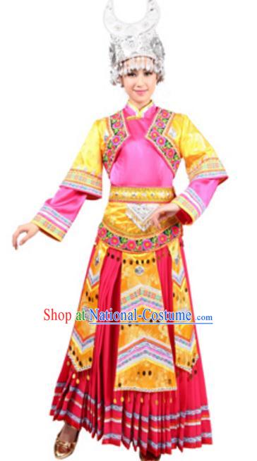 Traditional Chinese Miao Nationality Wedding Pink Pleated Skirt, Chinese Hmong Female Ethnic Folk Dance Costume and Headwear for Women