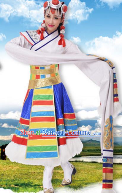 Traditional Chinese Zang Nationality Water Sleeve Dress, China Tibetan Ethnic Dance Costume and Headwear for Women