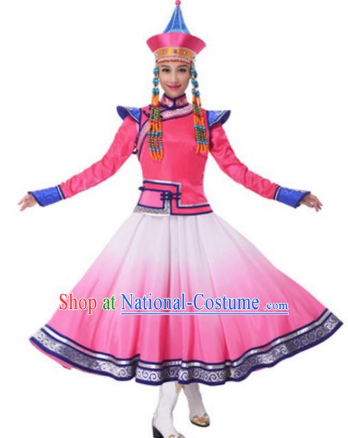 Traditional Chinese Mongol Nationality Princess Pink Dress, China Mongolian Ethnic Dance Costume and Headwear for Women