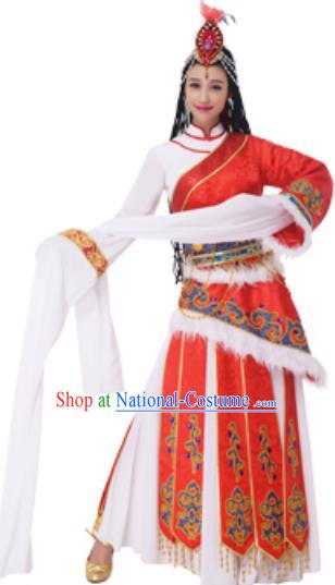 Traditional Chinese Zang Nationality Princess Pink Dress, China Tibetan Ethnic Dance Costume and Headwear for Women