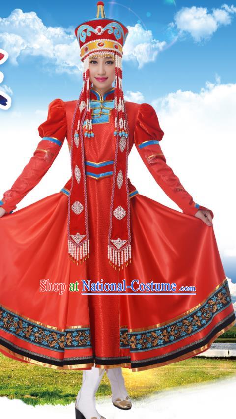 Traditional Chinese Mongolian Nationality Princess Red Dress, China Mongols Minority Ethnic Dance Costume and Headwear for Women