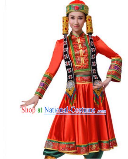 Chinese Traditional Mongol Nationality Red Clothing, China Mongolian Minority Ethnic Dance Costume and Headpiece for Women