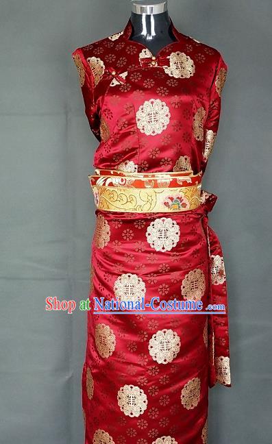 Chinese Traditional Zang Nationality Wine Red Dress, China Tibetan Heishui Dance Brocade Costume for Women