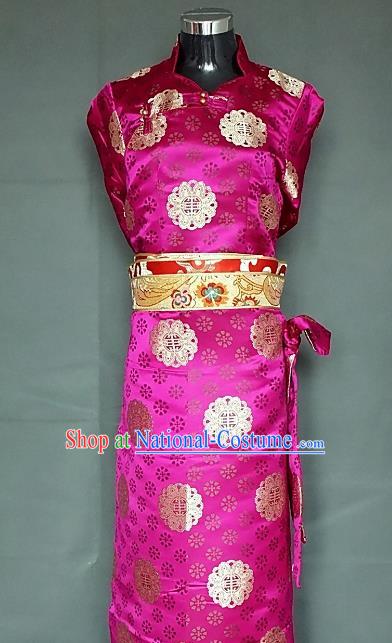 Chinese Traditional Zang Nationality Rosy Dress, China Tibetan Heishui Dance Brocade Costume for Women