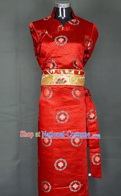 Chinese Traditional Zang Nationality Red Dress, China Tibetan Heishui Dance Brocade Costume for Women