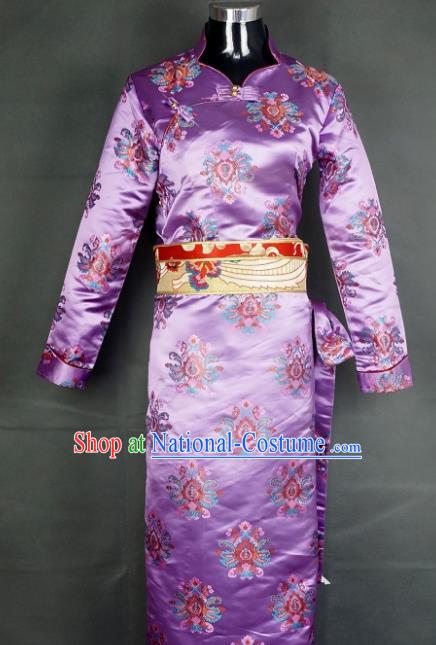 Chinese Traditional Zang Nationality Dress, China Tibetan Heishui Dance Purple Brocade Costume for Women